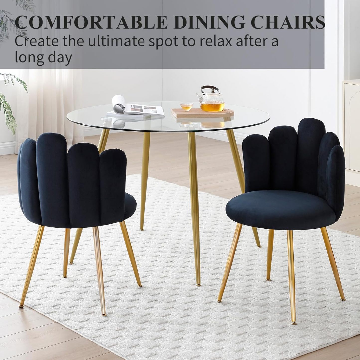 Dining Chairs Set of 2, Velvet Upholstered Side Chairs with Petal Back, Kitchen Chairs with Metal Legs