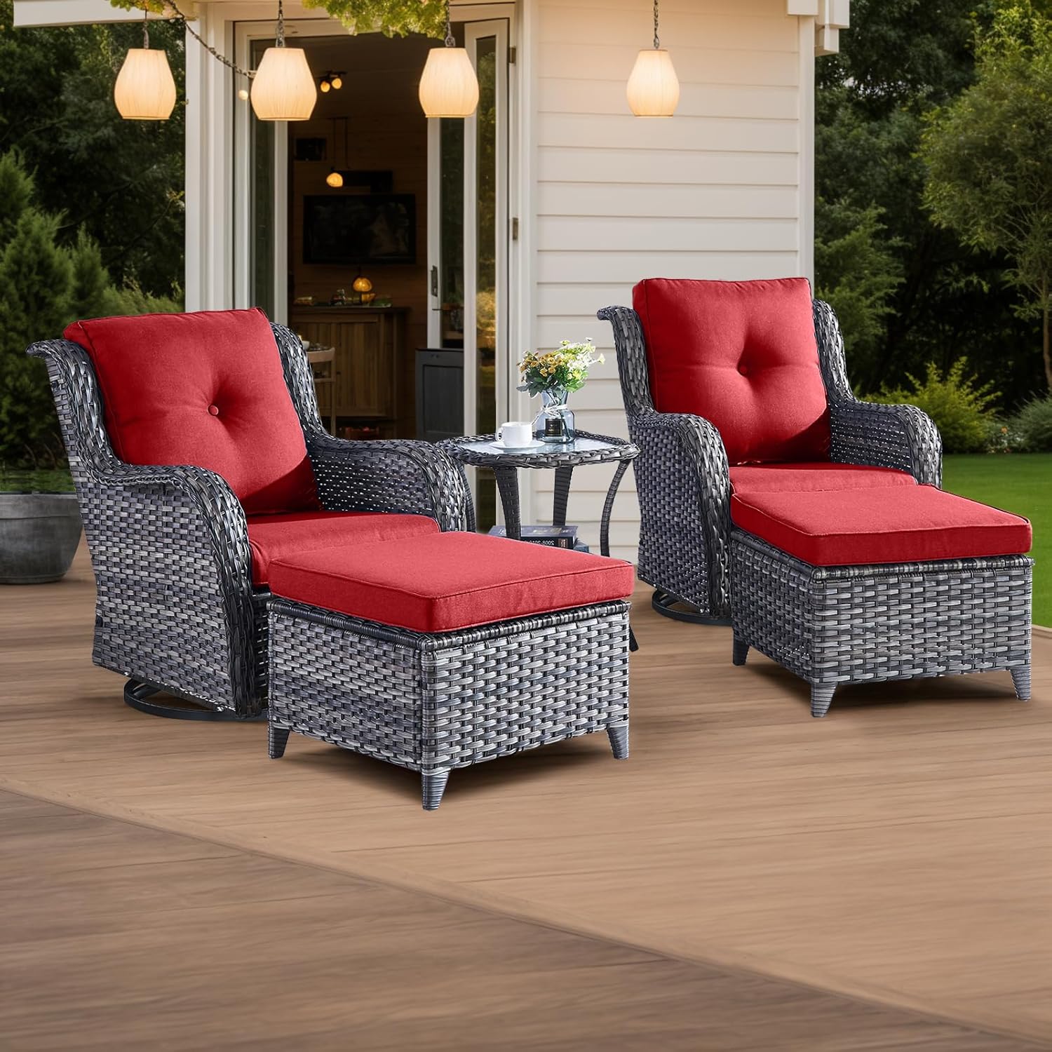 5 Piece Outdoor Patio Furniture Set Wicker Conversation Bistro Set Swivel Rocking Chairs with Side Table and Ottomans