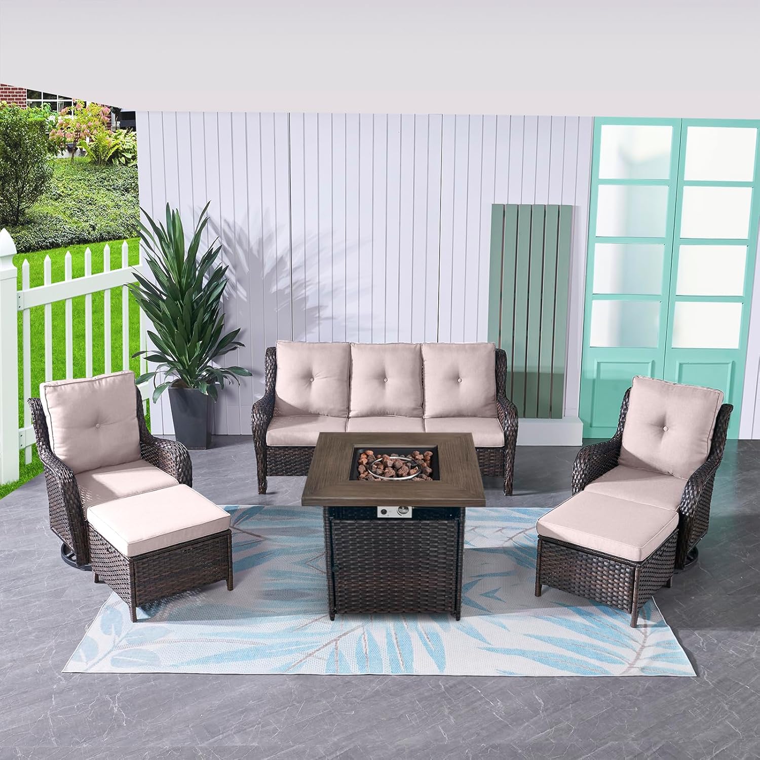 Patio Furniture with Fire Pit 6-Piece Wicker Outdoor Sectional Couch with Swivel Rocking Chairs, Propane Fire Pit Conversation Set