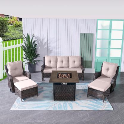 Patio Furniture with Fire Pit 6-Piece Wicker Outdoor Sectional Couch with Swivel Rocking Chairs, Propane Fire Pit Conversation Set