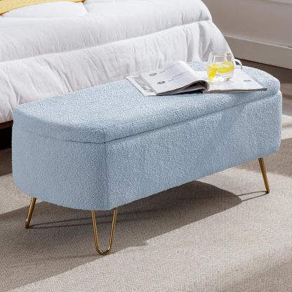 Modern Storage Ottoman Bench, Vintage Boucle Upholstered Entryway Bench, End of Bed Bench with Gold Legs
