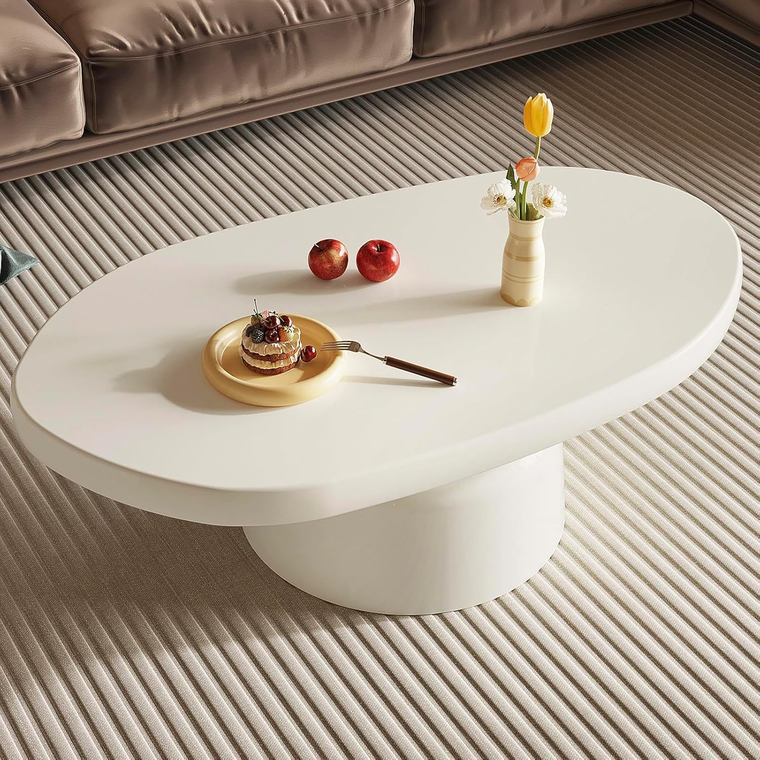 White Oval Coffee Table, 45" Modern Funky Living Room Coffee Table with Sturdy Pedestal