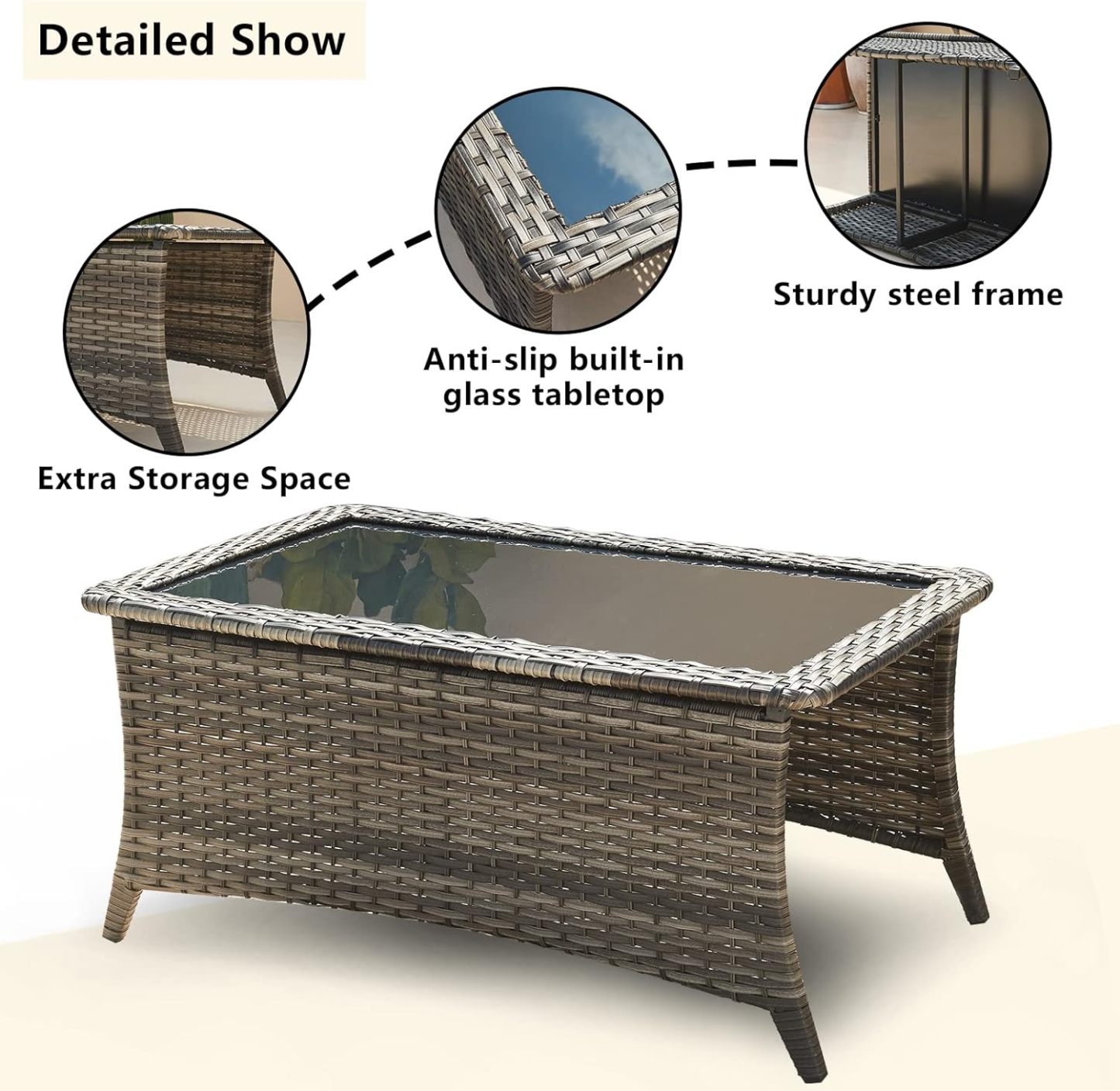 Outdoor Coffee Table Patio Rattan Patio Side Table Built-in Black Glass Top PE Wicker Rectangle Sofa Table Dark Brown