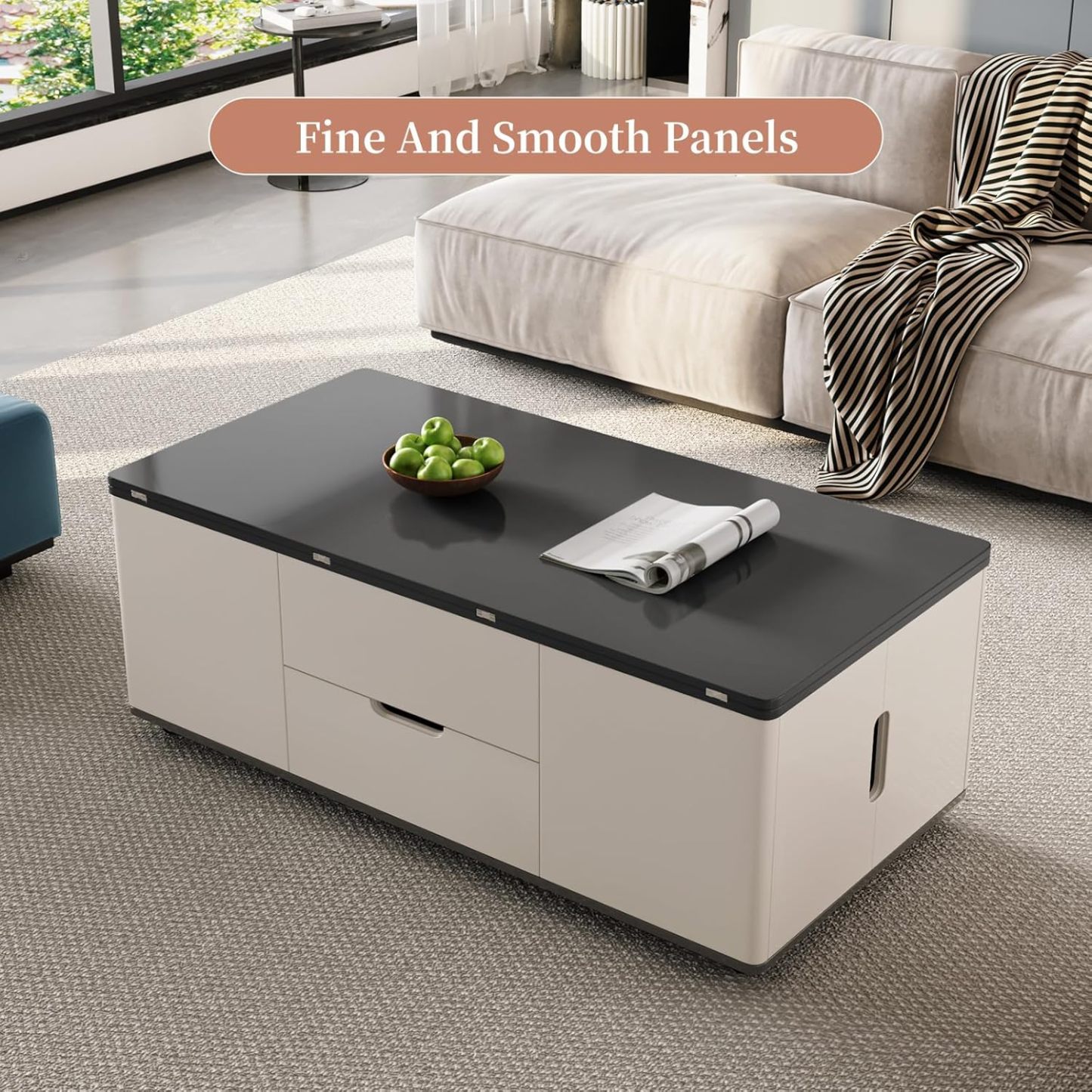 Lift Top Coffee Table with 2 Seats Set, Faux Marble Print Top Coffee Table with Movable Wheels,Convertible to Dining Table