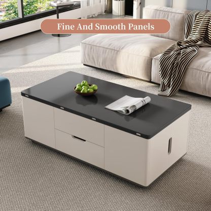 Lift Top Coffee Table with 2 Seats Set, Faux Marble Print Top Coffee Table with Movable Wheels,Convertible to Dining Table