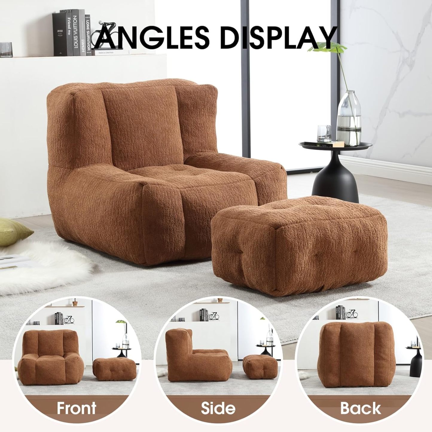 Microfiber Upholstered Bean Bag Sofa for Adults, Stuffed Bean Bag Couch with Footstool