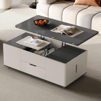 Lift Top Coffee Table with 2 Seats Set, Faux Marble Print Top Coffee Table with Movable Wheels,Convertible to Dining Table