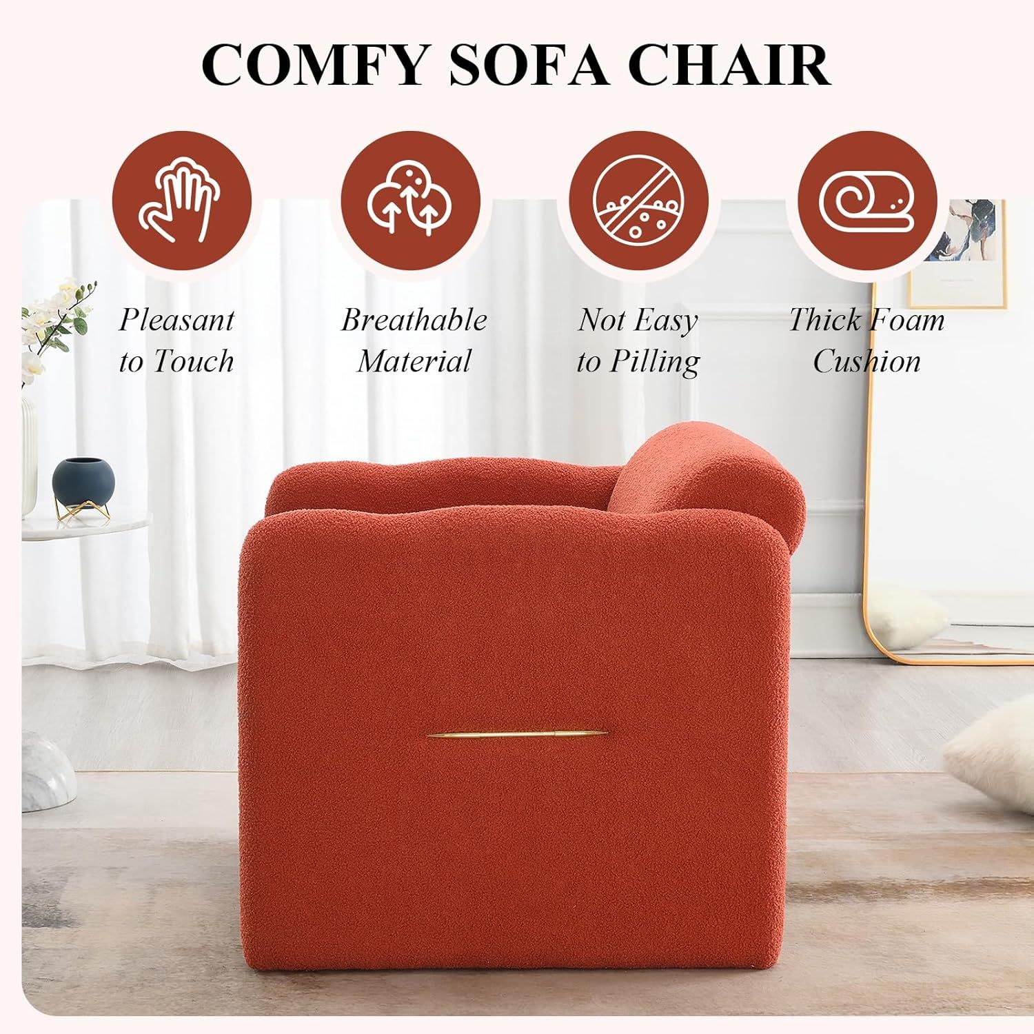 Wide Accent Chair, Teddy Upholstered Single Sofa Chair with Straight Armrest, Padded Armchair with Metal Decor, Soft Accent Arm Chair