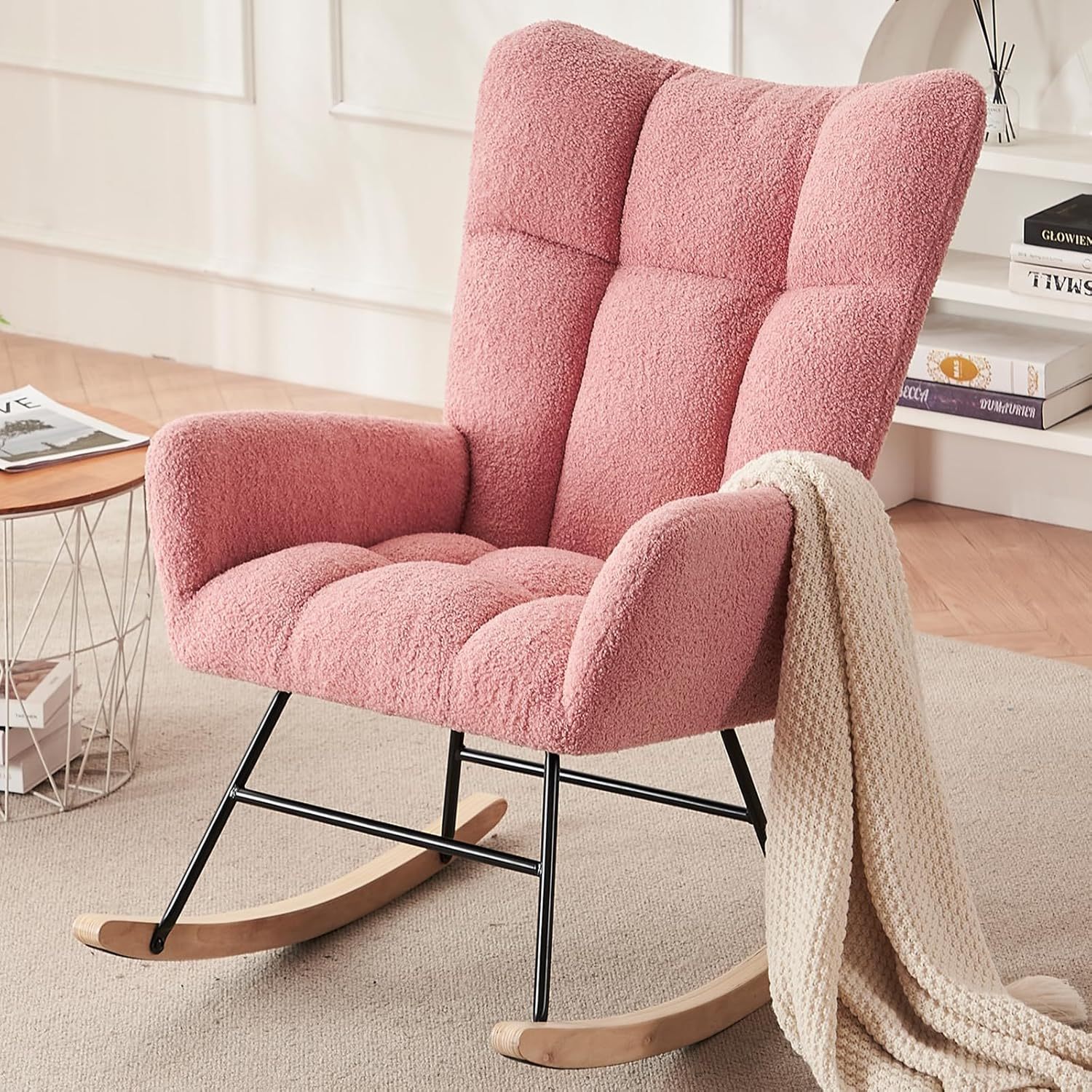 Modern Nursery Rocking Chair, Upholstered Glider Chair with High Backrest, Rocker Accent Armchair