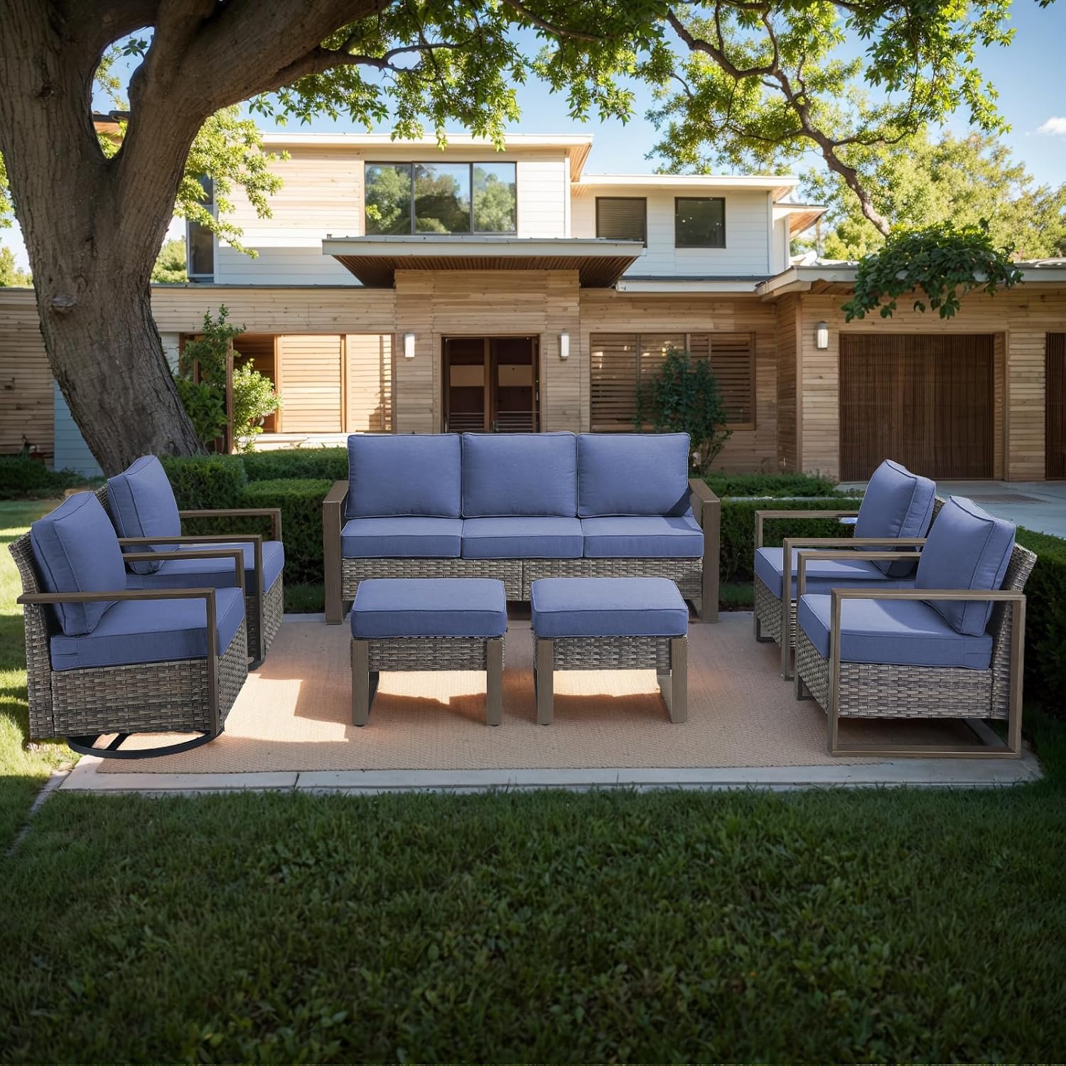 Outdoor Patio Furniture-7 Piece All-Weather Outdoor Furniture Set Wood Grain Wide Armrest Outdoor Chairs with Rattan Wicker Sofa