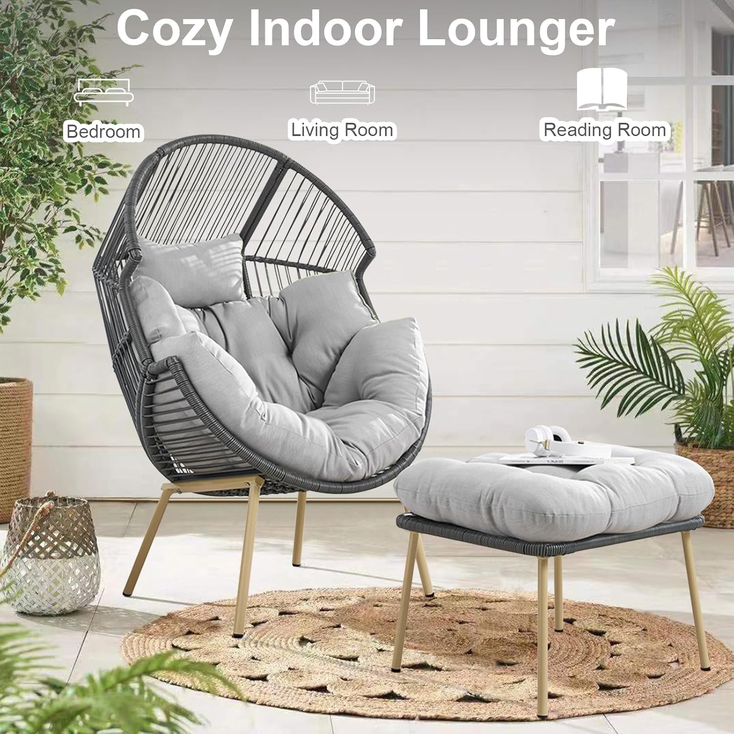 Egg Chair with Ottoman Oversized Outdoor Lounger Wicker Egg Basket Chair with Stand Cushions for Patio Backyard Bedroom Living Room 350LB Capacity