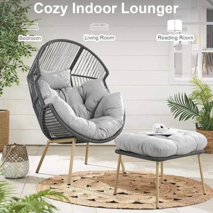Egg Chair with Ottoman Oversized Outdoor Lounger Wicker Egg Basket Chair with Stand Cushions for Patio Backyard Bedroom Living Room 350LB Capacity