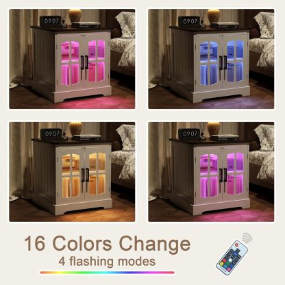 Farmhouse End Table, 24" Large Sofa Side Table with Charging Station & LED Light, White Nightstand with Adjustable Storage Shelf