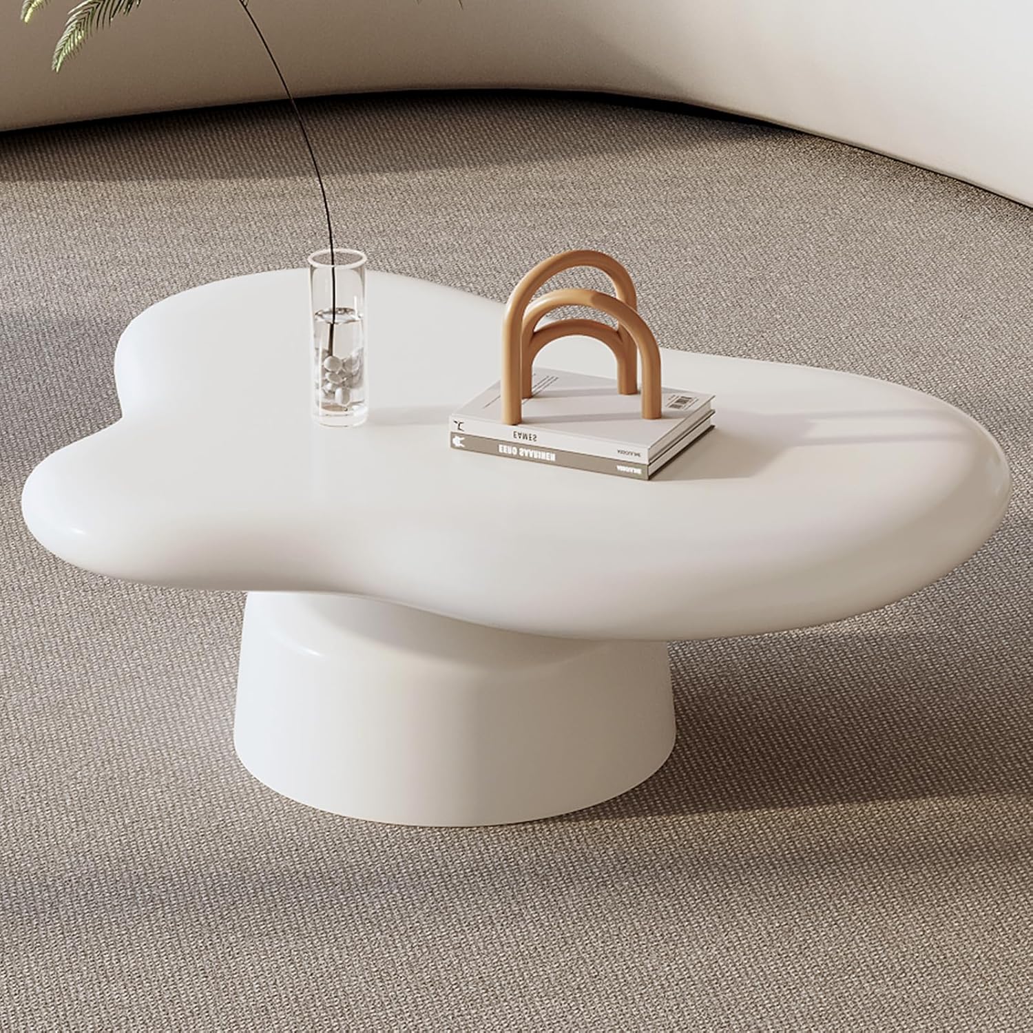 White Coffee Table Set of Two, Cream Mushroom Shape Big Coffee Table with Small Glass End Table