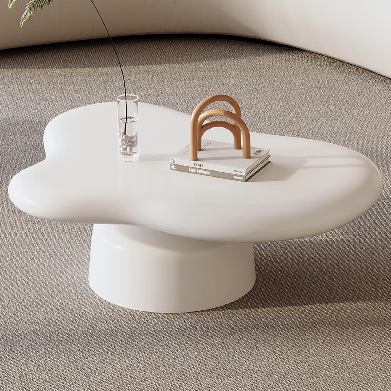 White Coffee Table Set of Two, Cream Mushroom Shape Big Coffee Table with Small Glass End Table