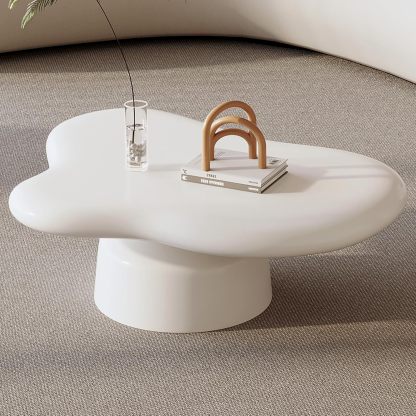 White Coffee Table Set of Two, Cream Mushroom Shape Big Coffee Table with Small Glass End Table