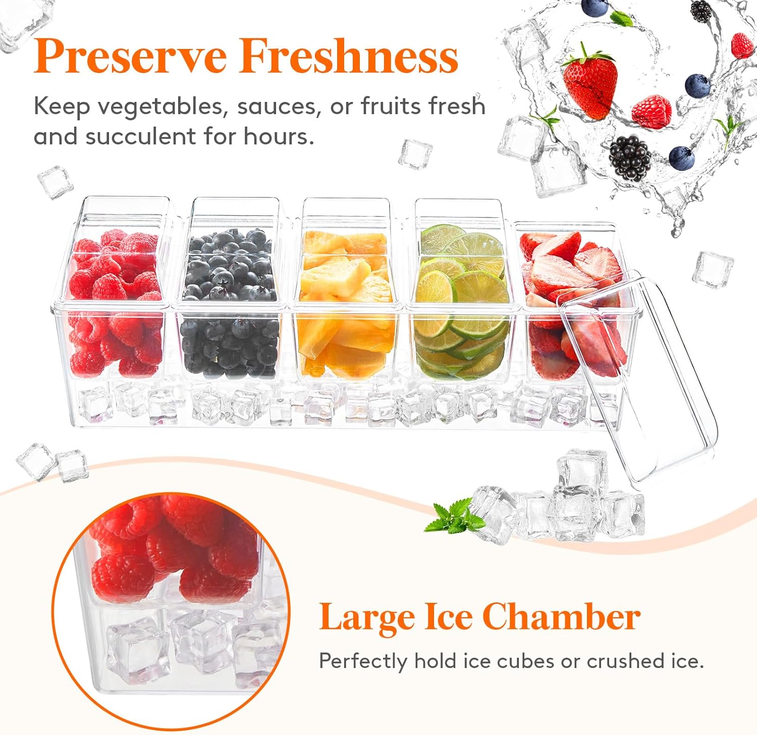 Ice Chilled Condiment Caddy with 5 Containers(2.5 cup), Condiment Server with Separate Lids