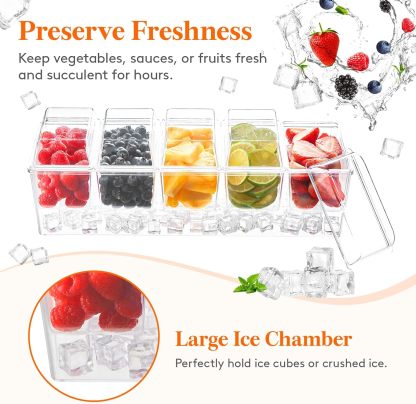Ice Chilled Condiment Caddy with 5 Containers(2.5 cup), Condiment Server with Separate Lids