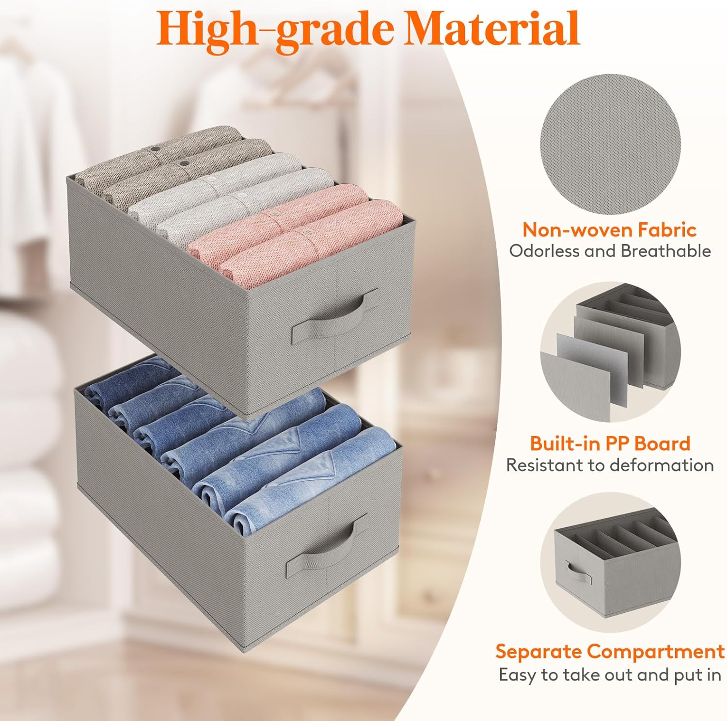 Wardrobe Clothes Organizer 6 Pack, Large Size 6 Grids Closet Jean Storage Bins with Handles and Support Boards