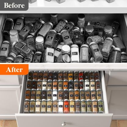 Plastic Adjustable Spice Drawer Organizer, Expandable Spice Rack for Countertop, Jar Storage Tray