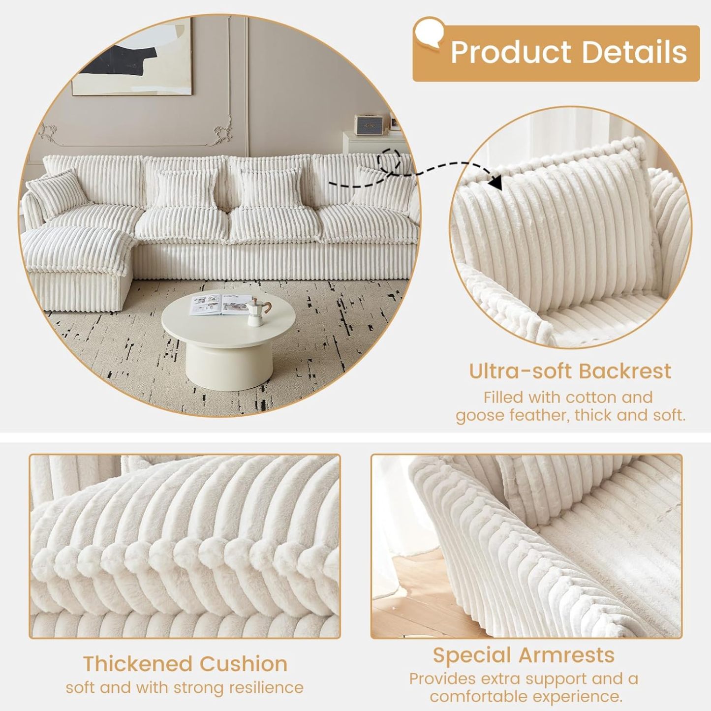 130.7" Corduroy Futon Couch, 4 Seater White Cloud Couch with Ottoman, Comfy Soft Sofa, Modern Corduroy Couch for Bedroom, Living Room