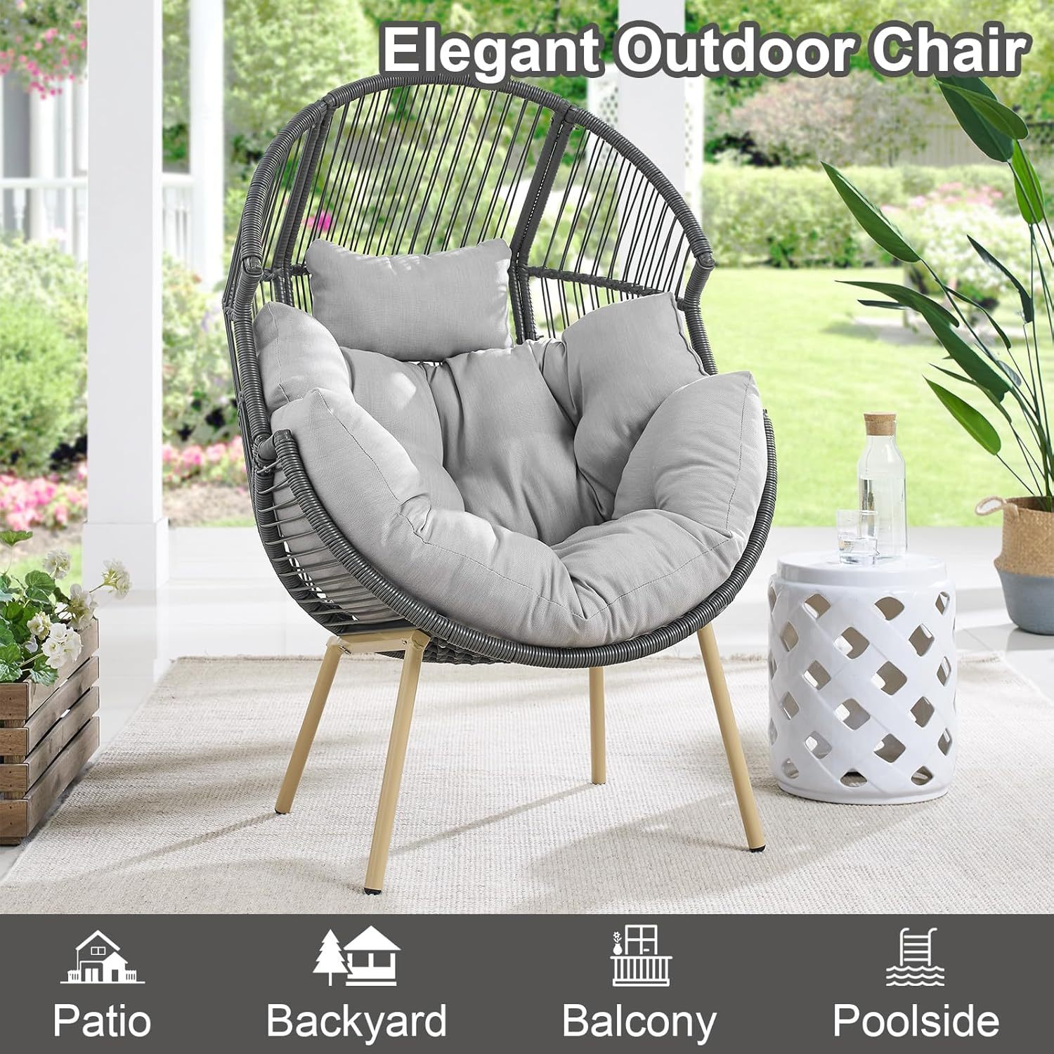 Egg Chair Oversized Outdoor Lounger Wicker Egg Basket Chair with Stand Cushions for Patio Backyard Bedroom Living Room 350LB Capacity