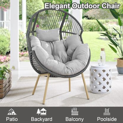 Egg Chair Oversized Outdoor Lounger Wicker Egg Basket Chair with Stand Cushions for Patio Backyard Bedroom Living Room 350LB Capacity