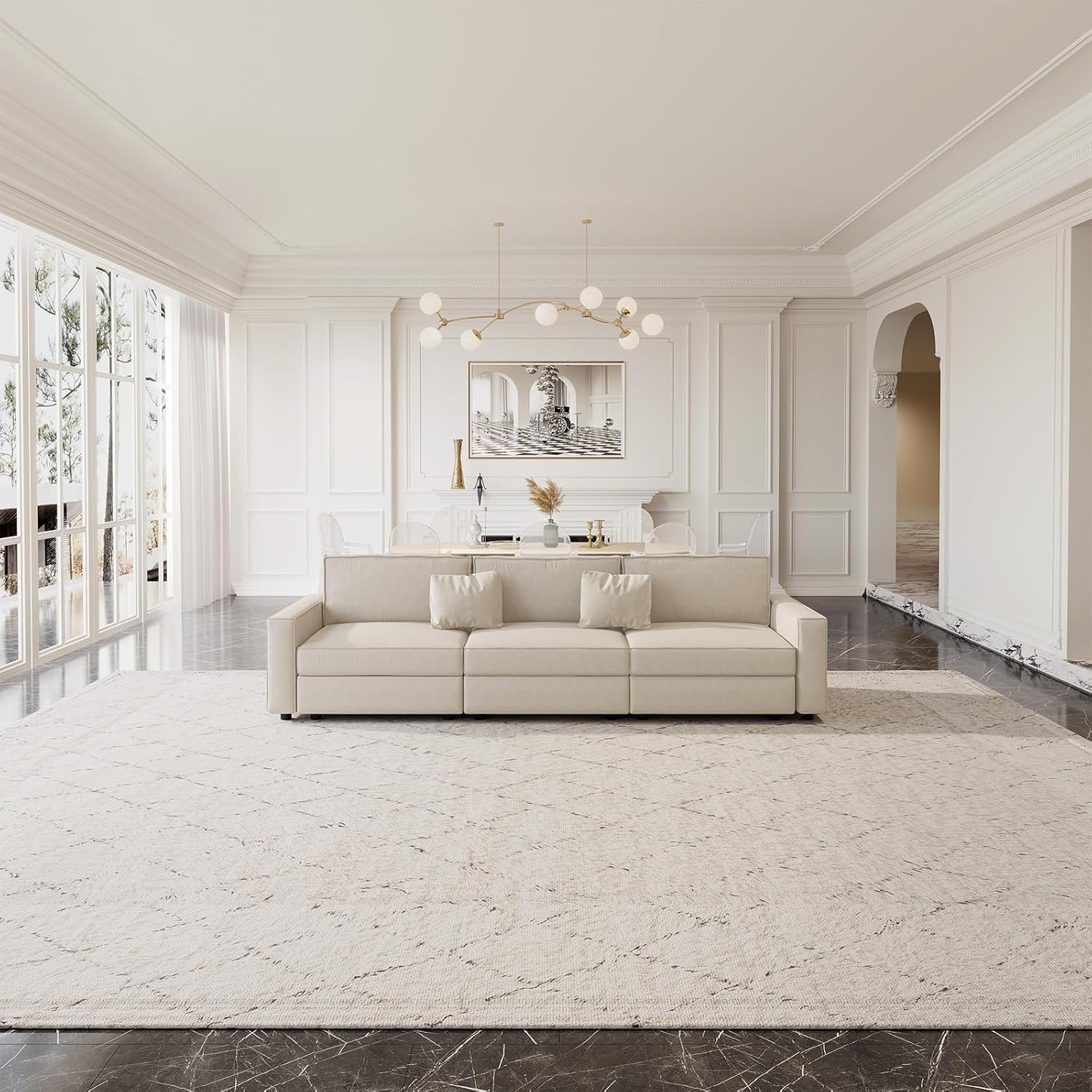 122" 3 Seats Beige Sectional Sofa, Modern Oversized Modular Sofa Couch with Removable Cushions, Sturdy Pine Wood Frame for Long Time