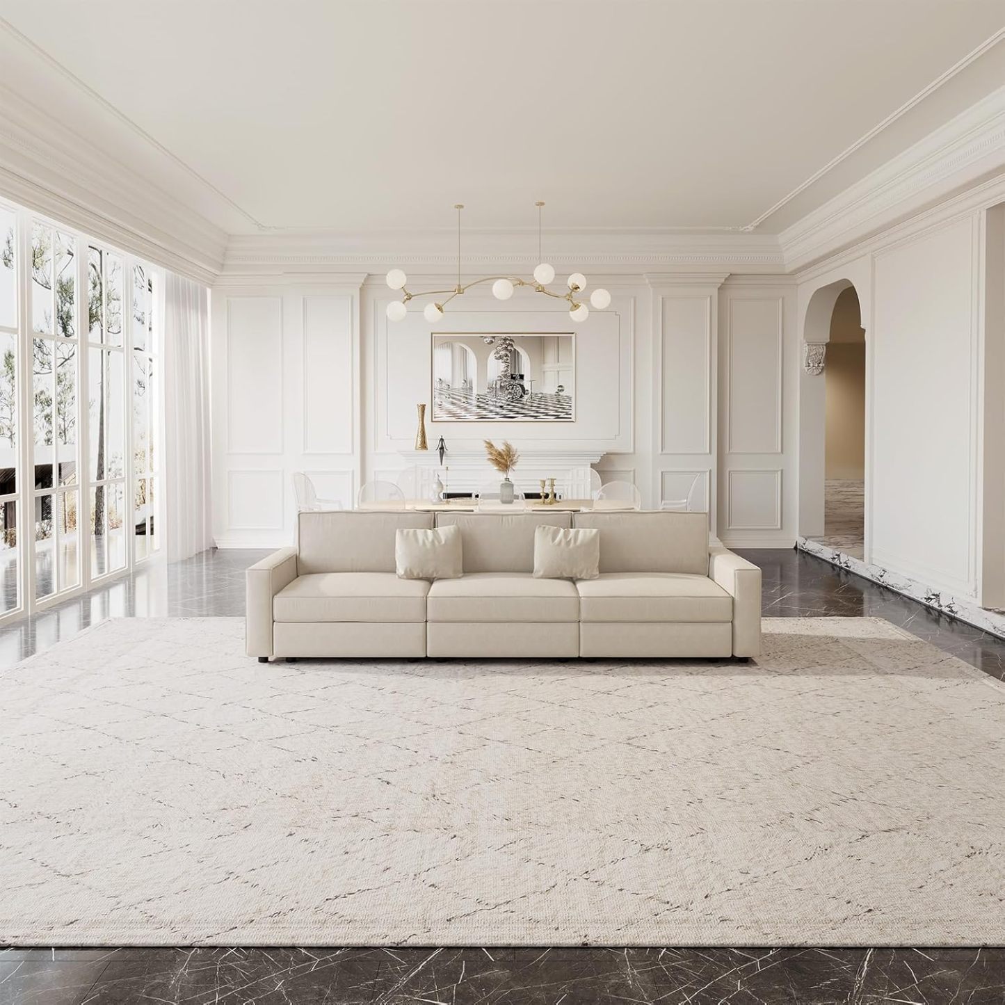 122" 3 Seats Beige Sectional Sofa, Modern Oversized Modular Sofa Couch with Removable Cushions, Sturdy Pine Wood Frame for Long Time