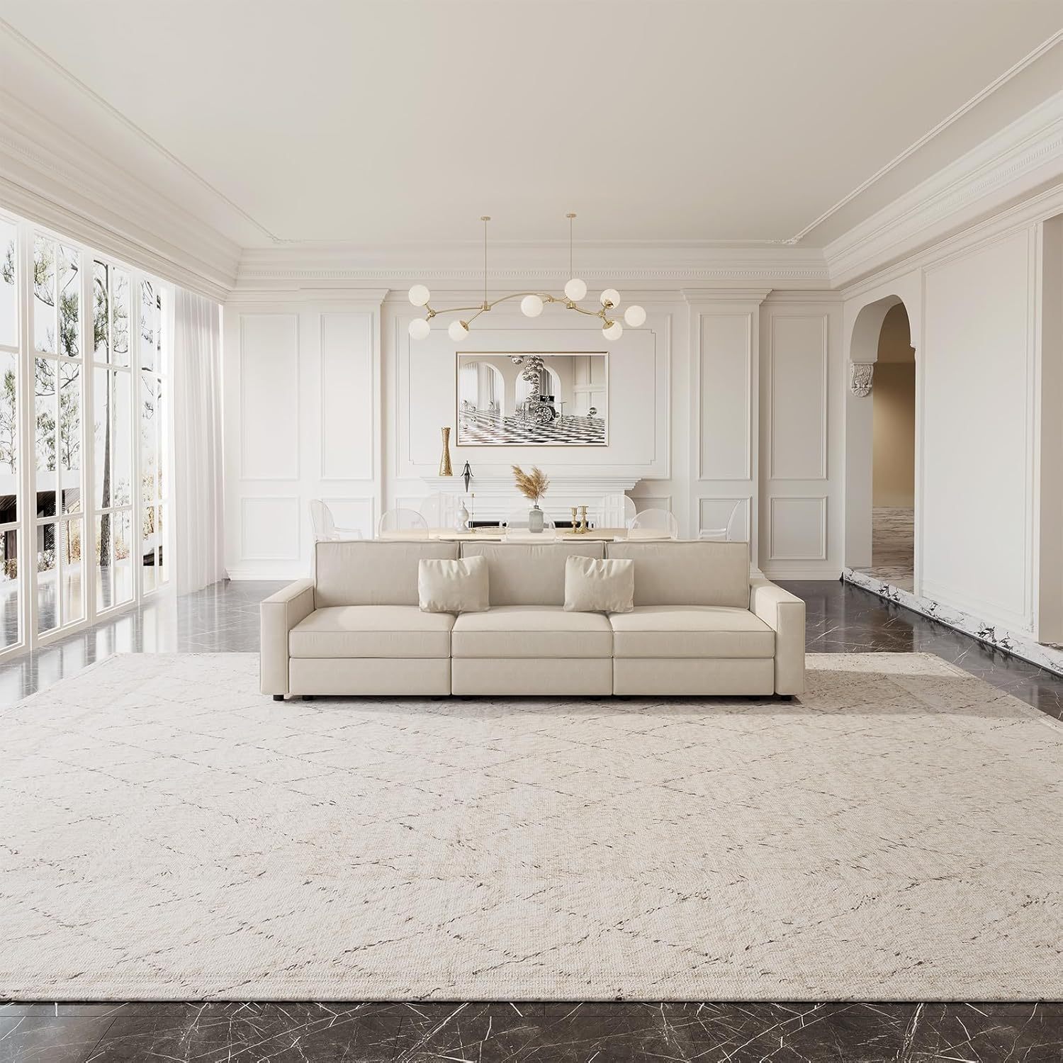 122" 3 Seats Beige Sectional Sofa, Modern Oversized Modular Sofa Couch with Removable Cushions, Sturdy Pine Wood Frame for Long Time