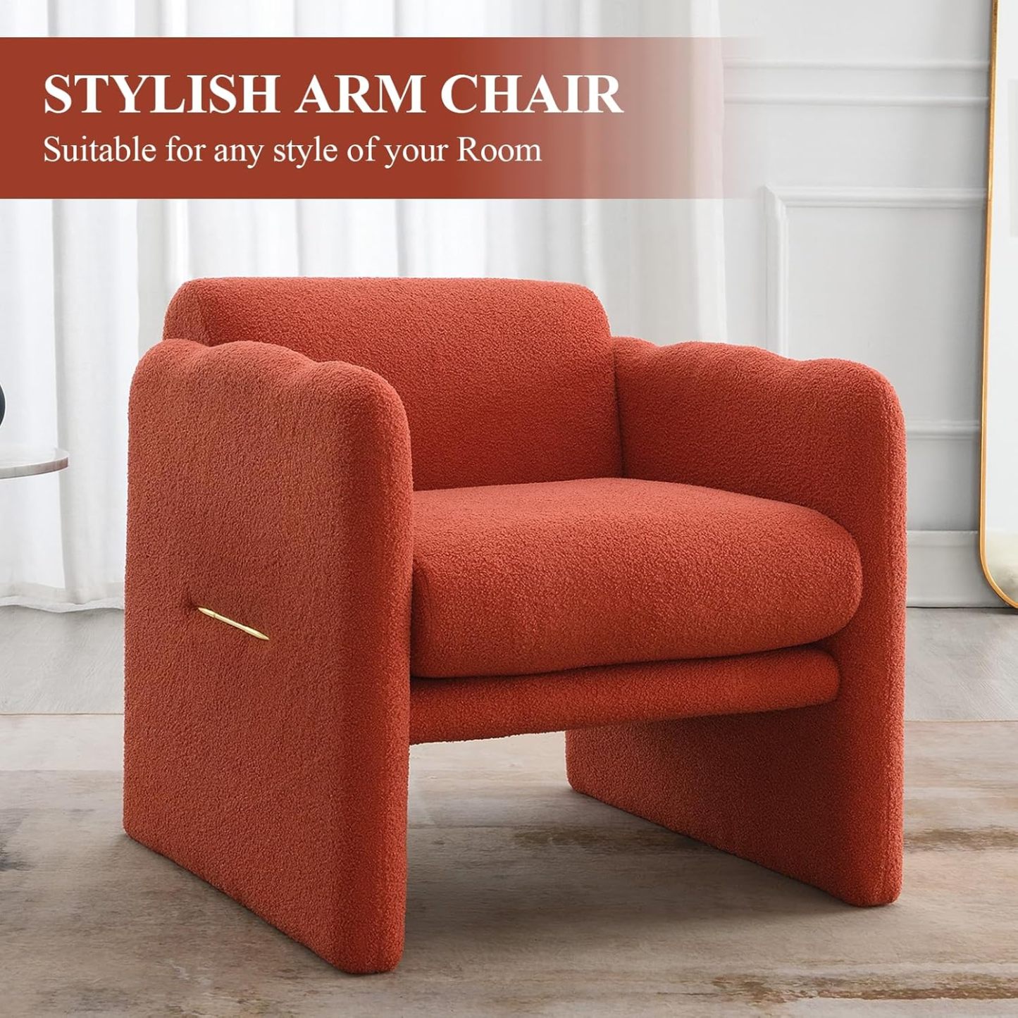 Wide Accent Chair, Teddy Upholstered Single Sofa Chair with Straight Armrest, Padded Armchair with Metal Decor, Soft Accent Arm Chair