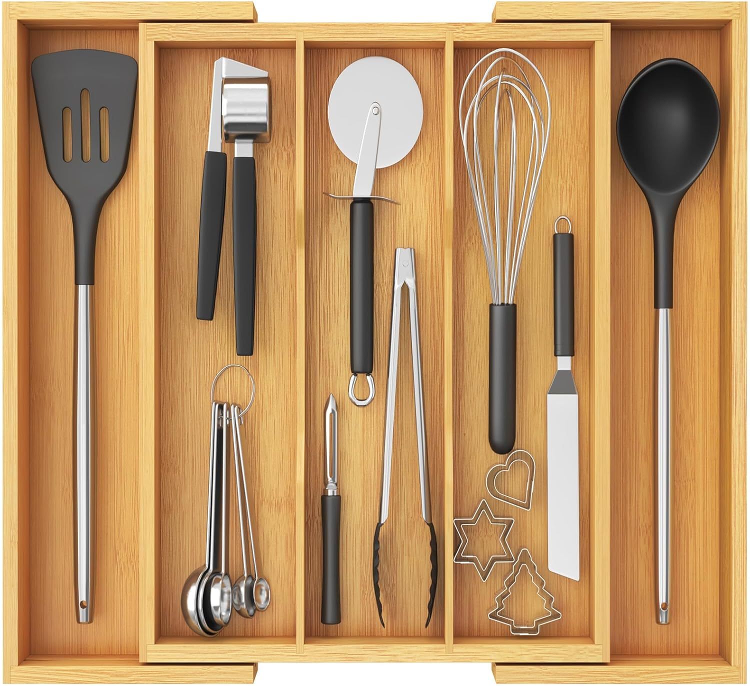 Utensil Organizer for Kitchen Drawer, Expandable Cooking Utensil Tray, Bamboo Cutlery Silverware Flatware Holder