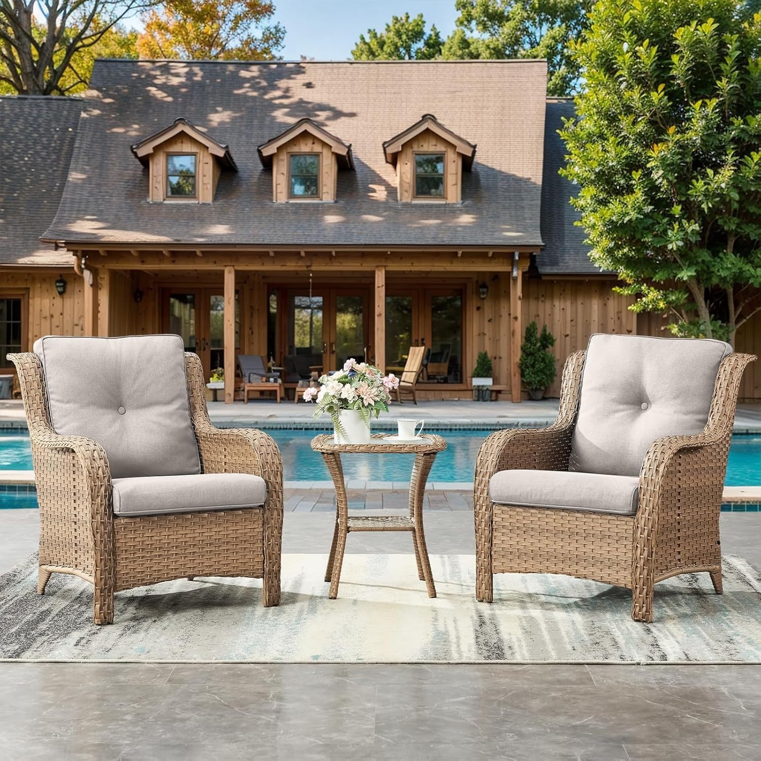 3 Pieces Patio Bistro Set Wicker Patio Chairs Set of 2 with Tempered Glass Top Side Table Rattan Outdoor Furniture Conversation Set