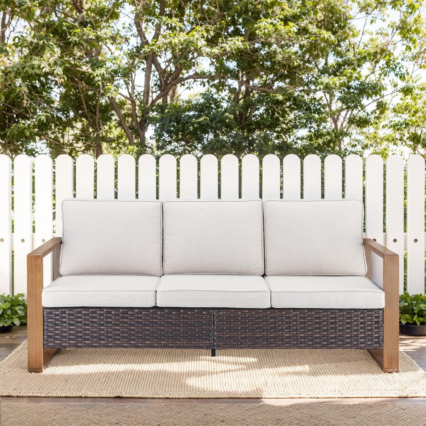 Outdoor Wicker Sofa-3 Seater Rattan High Back Couch Patio Sofa for Deck Porch Garden Balcony Poolside