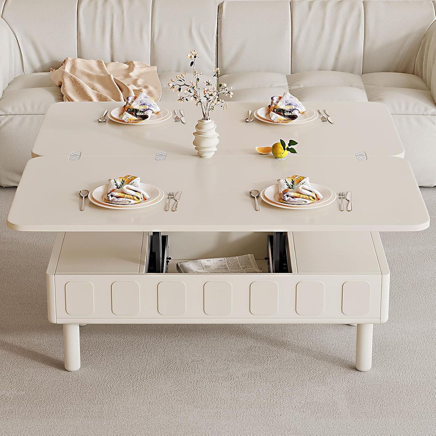 43.3" Modern Coffee Table, White Lift Top Coffee Table for Living Room, Boho Lift Table with Hidden Compartment and Adjustable Storage Shelf