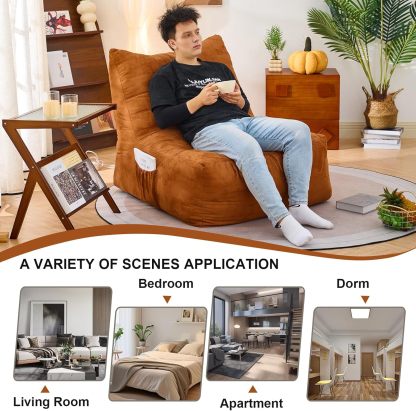Bean Bag Chair for Adult, Suede Upholstered Bean Bag Sofa with Large Pocket, Stuffed Beanbag Chair with Pull-Ring