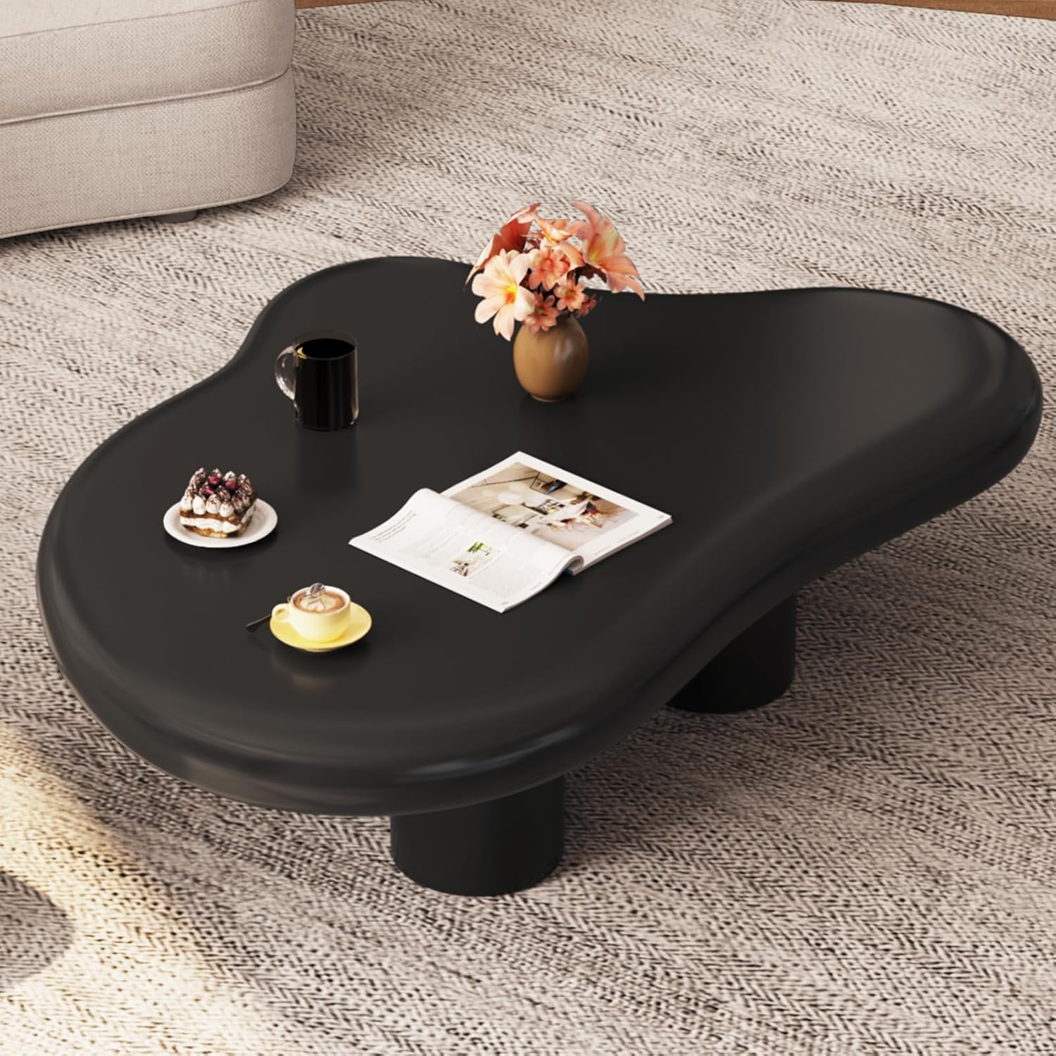 35.82" Black Cloud Coffee Table, Modern Round Edge Coffee Table with 4 Sturdy Support Legs and 2.67" Thick Tabletop,Easy Match for Living Room