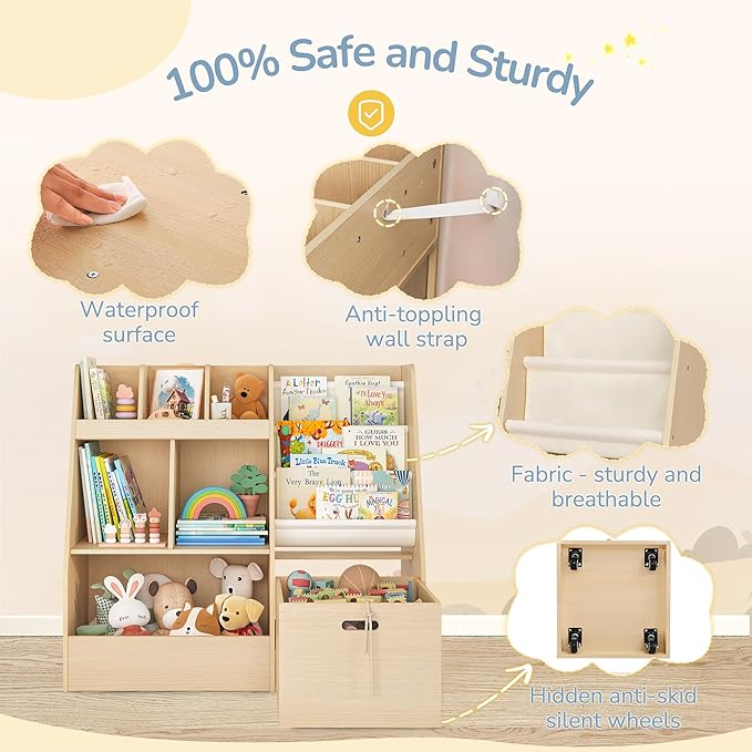 4 in 1 Kids Bookshelf and Toy Storage Organizer, 3-Tier Toy Organizers with Removable Toy Bins, Book Shelf for Kids Room