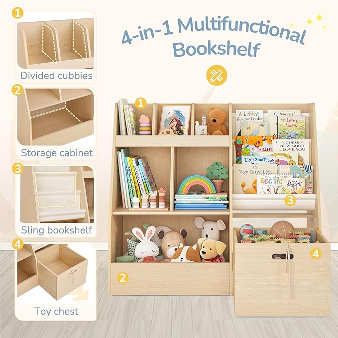 4 in 1 Kids Bookshelf and Toy Storage Organizer, 3-Tier Toy Organizers with Removable Toy Bins, Book Shelf for Kids Room
