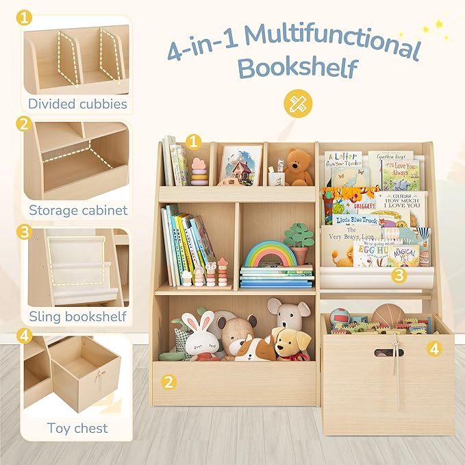 4 in 1 Kids Bookshelf and Toy Storage Organizer, 3-Tier Toy Organizers with Removable Toy Bins, Book Shelf for Kids Room
