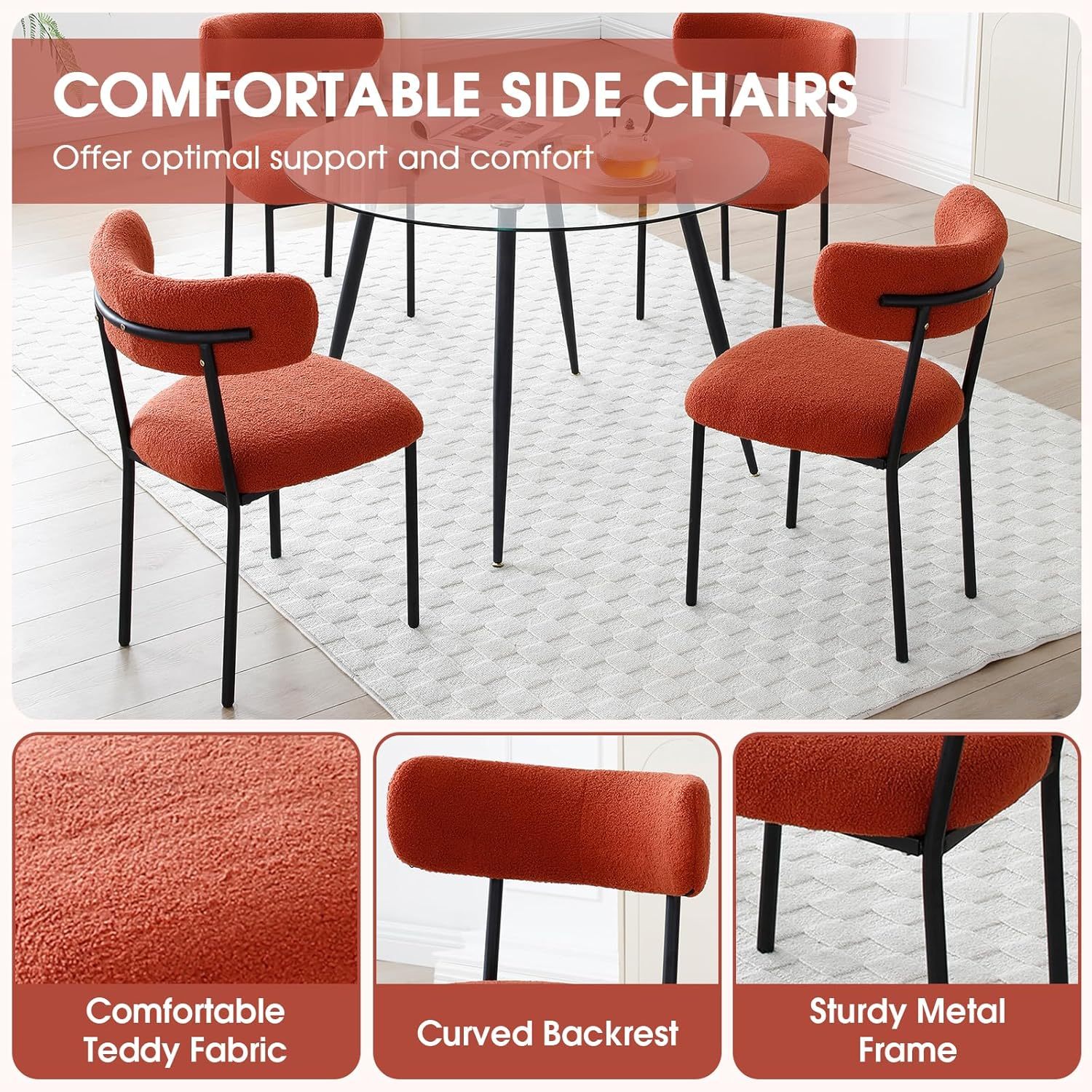 Dining Chairs Set of 2, Teddy Upholstered Side Chairs with Open Back, Comfy Kitchen Chairs with Metal Legs