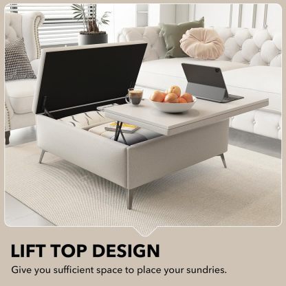Square Storage Ottoman Bench, Linen Upholstered Coffee Table with Lift Top, Oversized End Bed Bench with Metal Legs