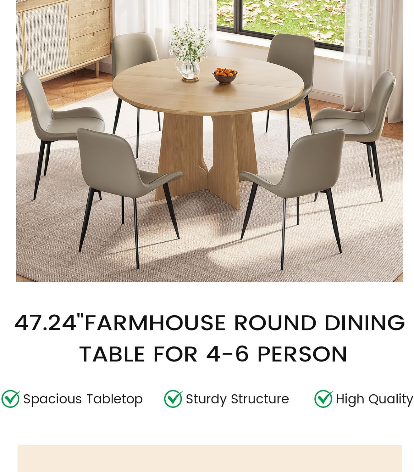 47.24" Round Dining Table, Small Dining Table for 2,4,6, Farmhouse Kitchen Table with Cross Sturdy Legs for Kitchen, Dining Room