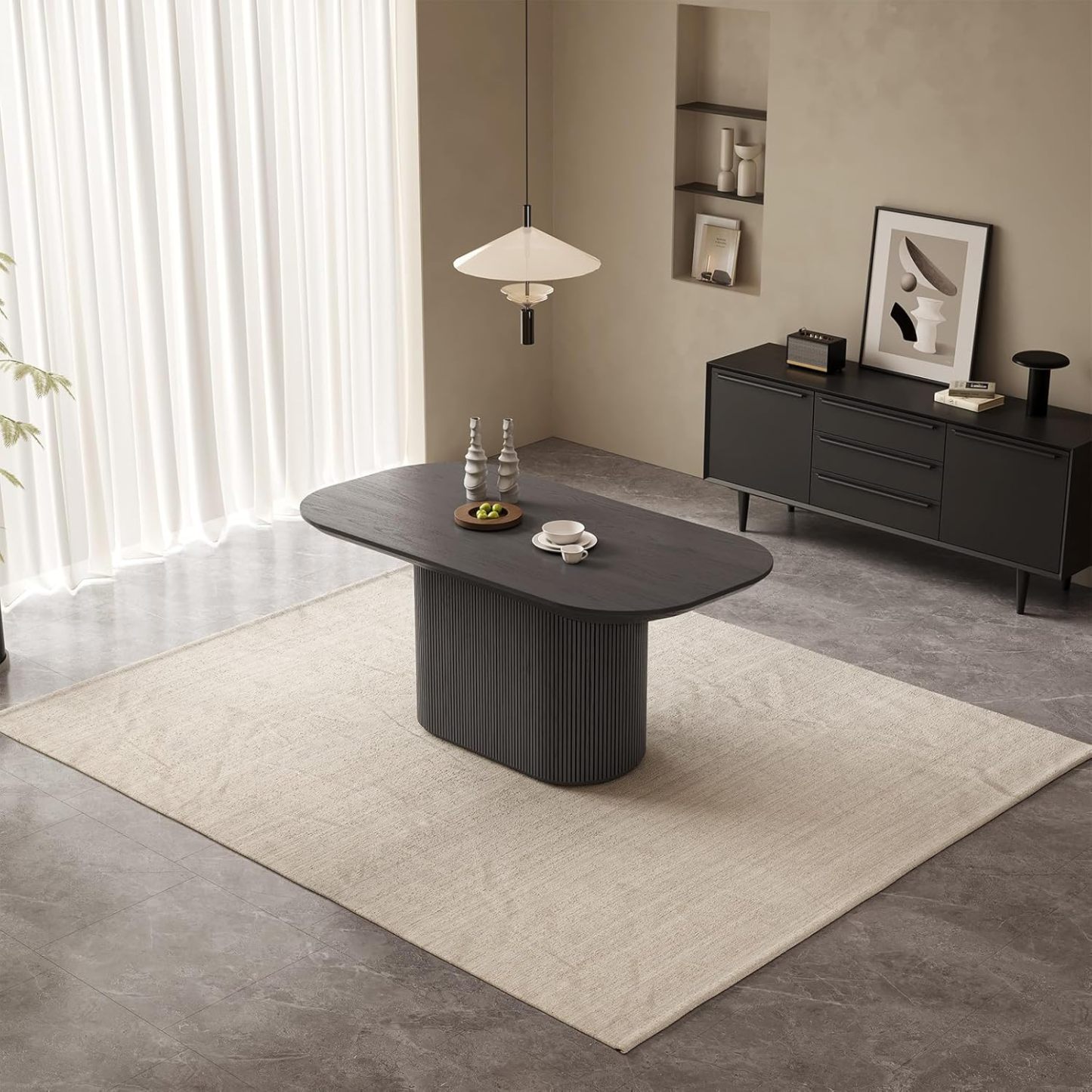 63" Oval Dining Table for 2-6 Person, Modern Black Kitchen Table, Luxury Rectangular Dinner Table