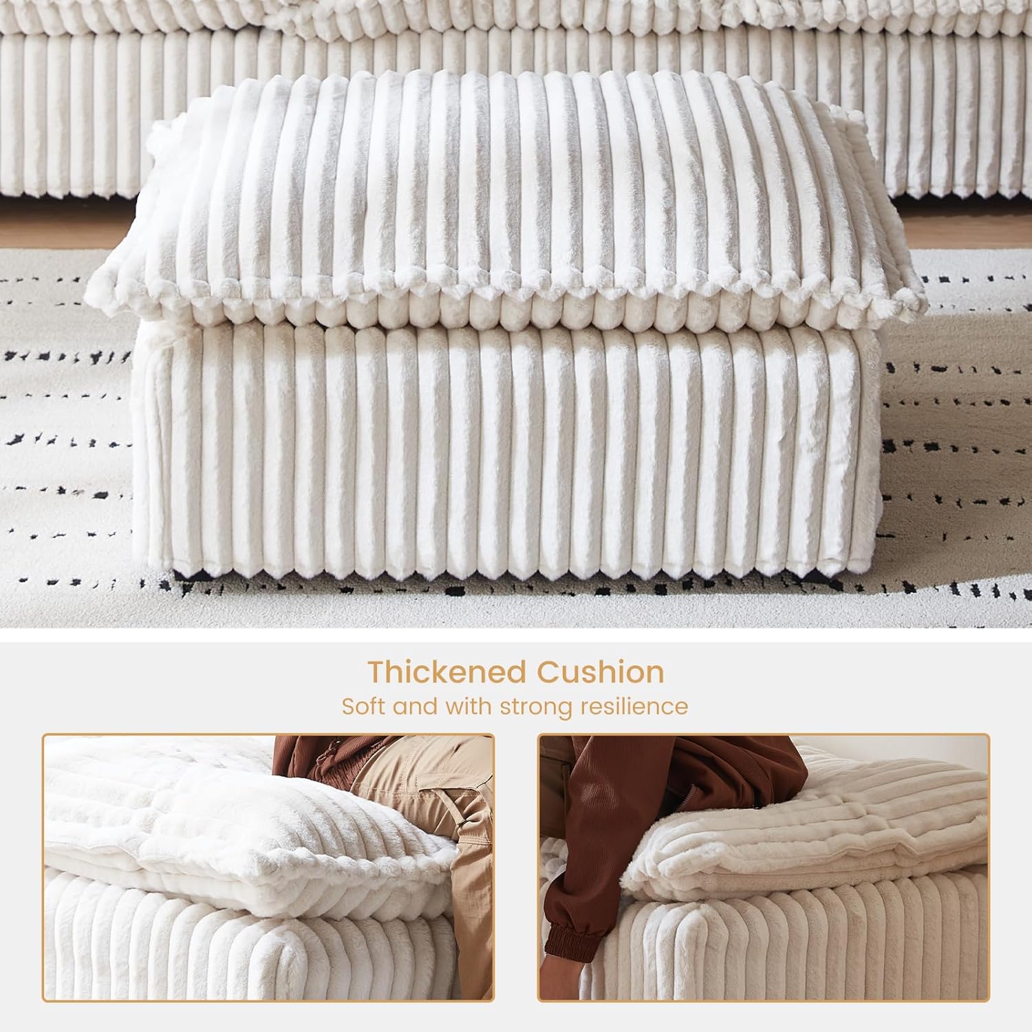 White Corduroy Pouf Ottoman, Small Foot Stools Ottoman with Soft and Poofy Mat for Living Room, Bedroom (White, Ottoman)