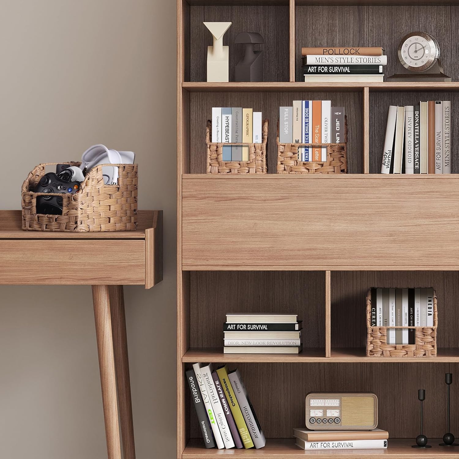 Handwoven PP Wicker Storage Basket, Waterproof Imitation Rattan Basket with Built-in Handles, Trapezoid Baskets for Organizing Shelves