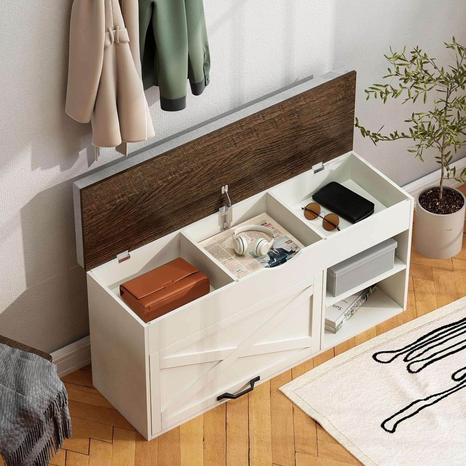 Storage Bench with Cushion, Shoe Bench with Lift Top Storage, Adjustable Shelf, Shoe Cabinet