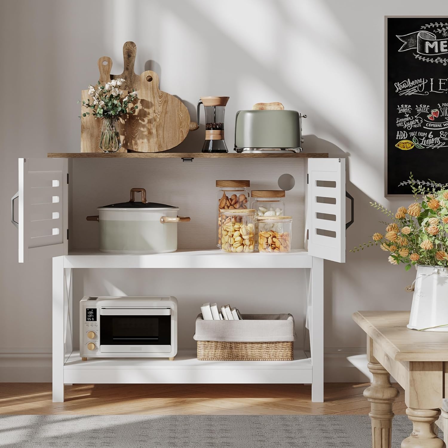 Farmhouse Console Table with Charging Station, 35.4 L x 17.7 D x 31.49 H Coffee Bar Cabinet with Storage