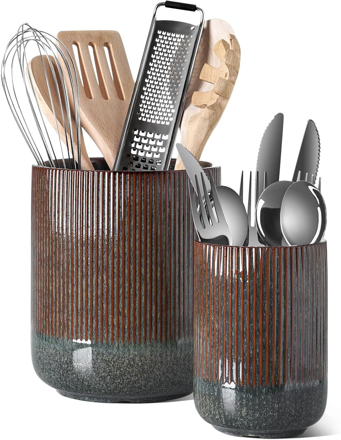 Utensil Holder, 7.3"+5.4" Ceramic Kitchen Utensil Holder for Countertop, Black Cooking Utensil Crocks for Kitchen Counter, Morden Utensil Organizer for Spatula, Set of 2, Marble Dark Olive