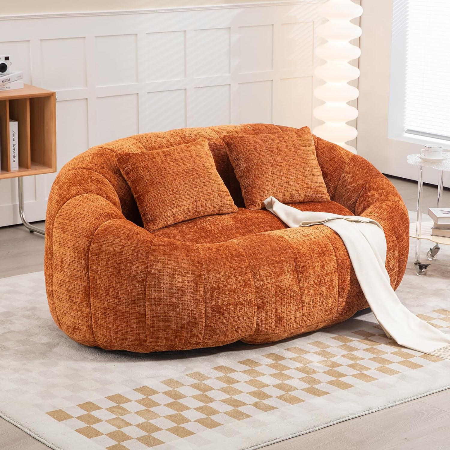 Oval Bean Bag Sofa, Chenille Upholstered Bean Bag Chair with Pillows, Padded Lazy Sofa with Tufted Backrest, Stuffed Bean Bag Couch with Thick Cushion